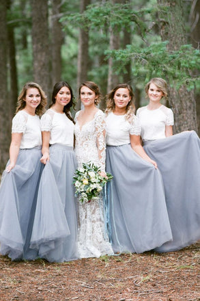 Boho Short Sleeve Scoop Neck Gray Long Bridesmaid Dresses