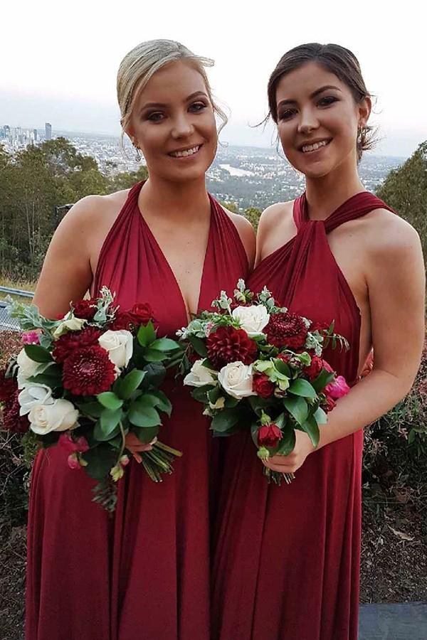 A-Line V-Neck Convertible Burgundy Bridesmaid Dresses