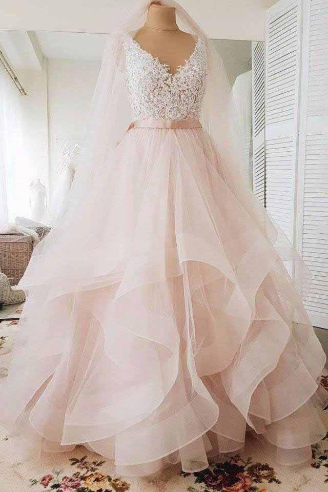Princess Skin Pink Graduation Dresses V-neck Backless Wedding Gowns