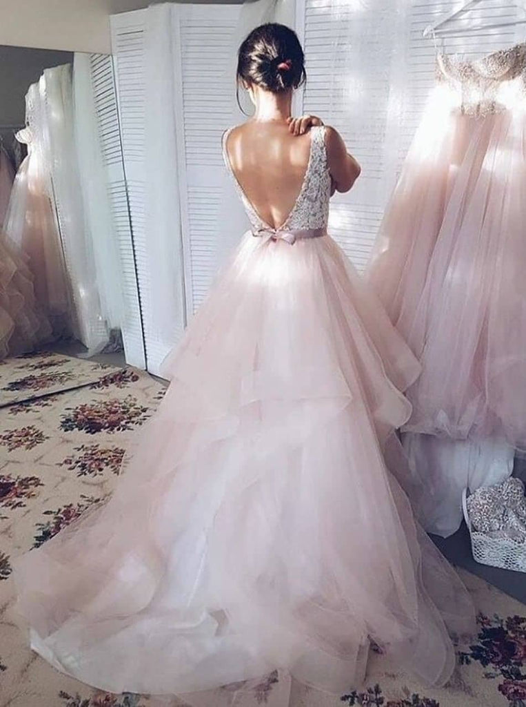 princess skin pink graduation dresses v-neck backless wedding gowns dtp694
