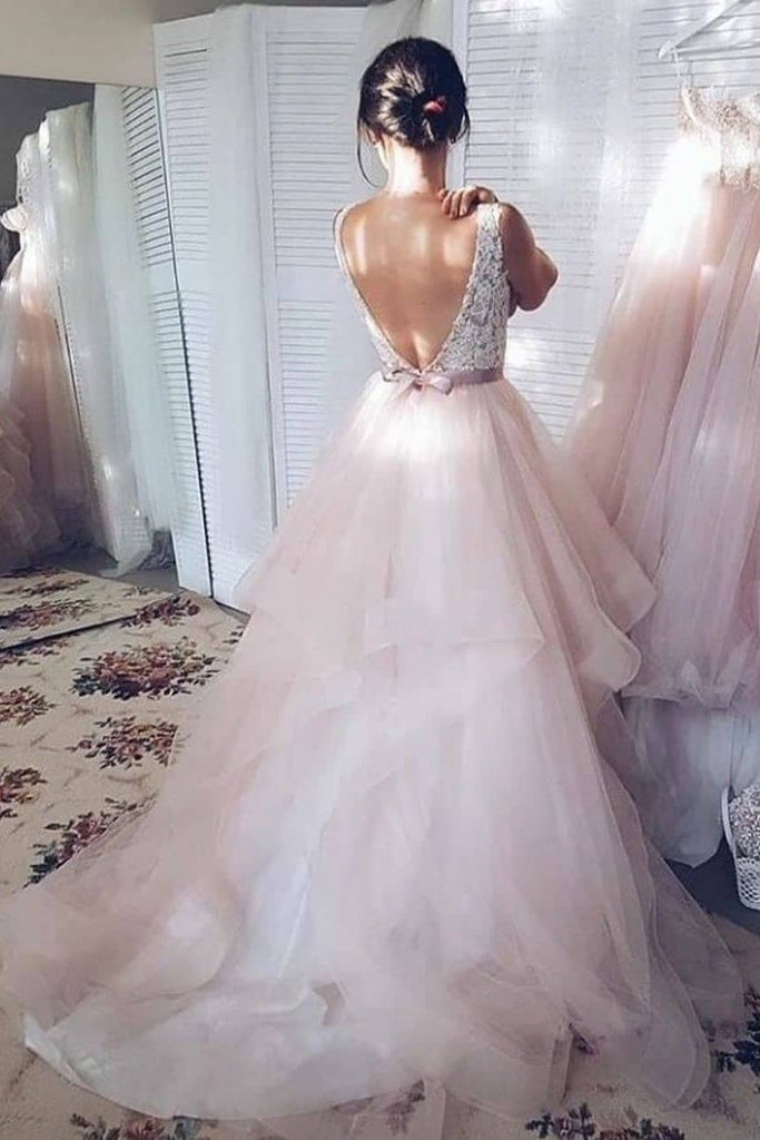 Princess Skin Pink Graduation Dresses V-neck Backless Wedding Gowns