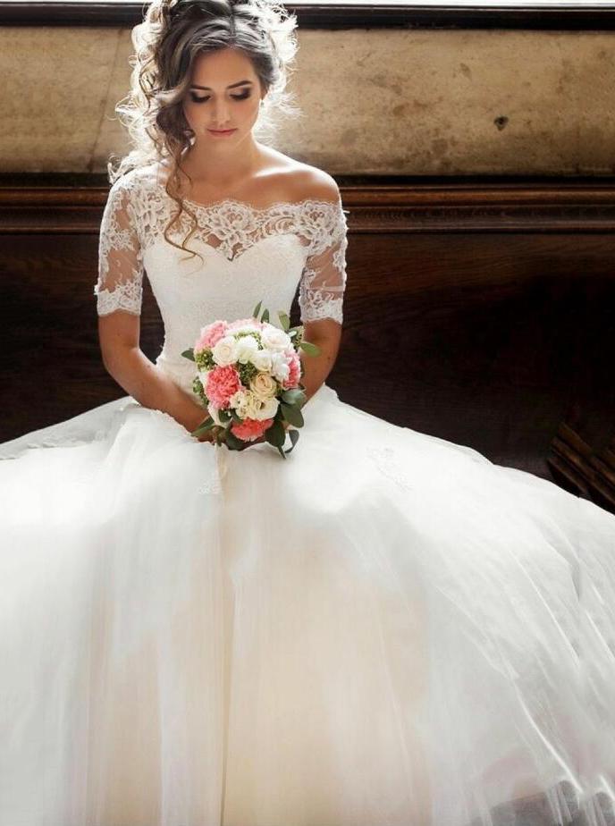 Off-the-Shoulder Lace Short Sleeves Princess Wedding Dress