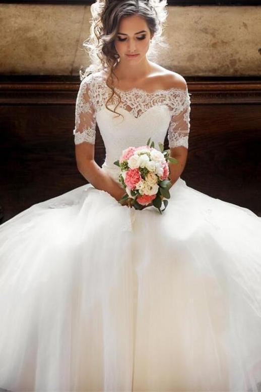 Off-the-Shoulder Lace Short Sleeves Princess Wedding Dress DTW200 DressTok.co.uk Off-the-Shoulder Lace Short Sleeves Princess Wedding Dress DTW200 DressTok.co.uk
