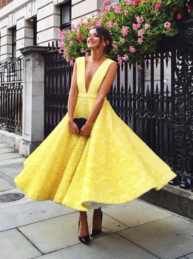 Yellow Plunging Neckline Tea-Length Prom Dresses Lace Homecoming Dress