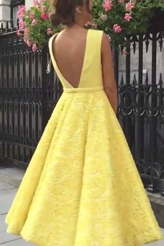 Yellow Plunging Neckline Tea-Length Prom Dresses Lace Homecoming Dress