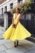 yellow plunging neckline tea-length prom dresses lace homecoming dress dth463