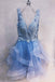 blue homecoming graduation dresses a-line v-neck lace short prom dress dth176