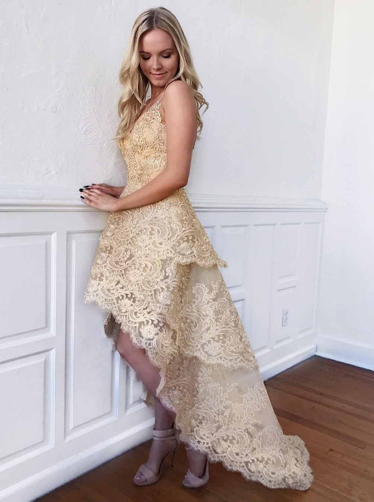 A-line V-neck Gold Homecoming Dress, Lace High Low Short Prom Dress