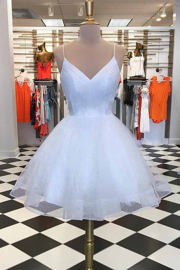 sparkly short prom dress spaghetti-straps v-neck homecoming dress dth175
