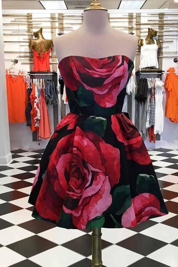 strapless short prom dresses floral print homecoming dress dth180