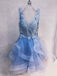 A-line V-neck Lace Short Prom Dress, Blue Homecoming Graduation Dresses