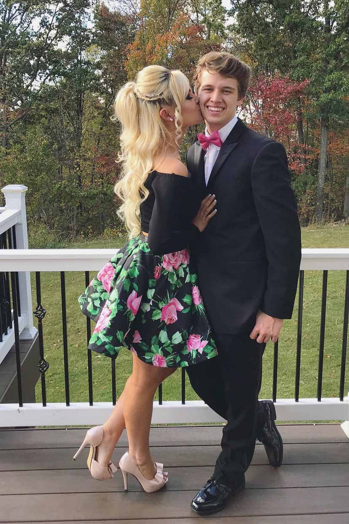 Floral Print Two Piece Homecoming Dress Black Long Sleeves Short Prom Dresses DTH172 DressTok.co.uk Floral Print Two Piece Homecoming Dress Black Long Sleeves Short Prom Dresses DTH172 DressTok.co.uk