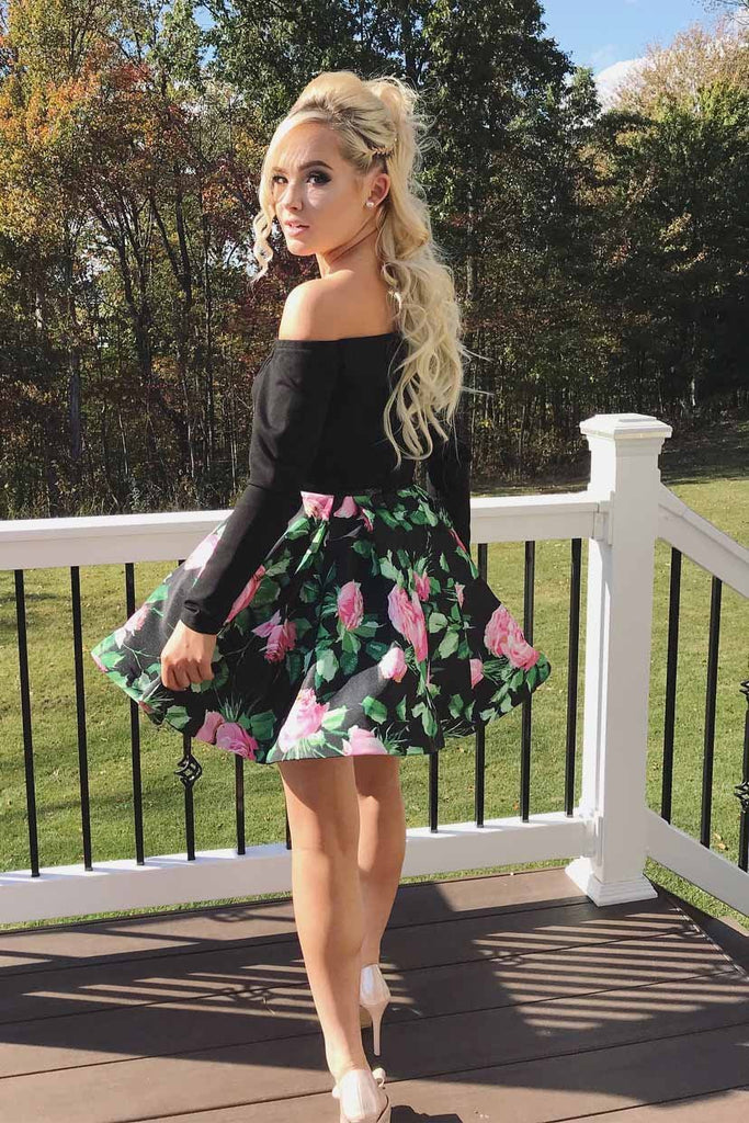 floral print two piece homecoming dress black long sleeves short prom dresses dth172