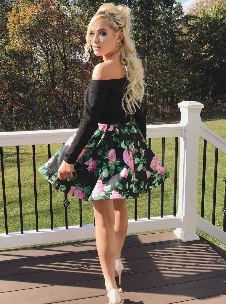 Black Long Sleeves Short Prom Dresses, Floral Print Two Piece Homecoming Dress