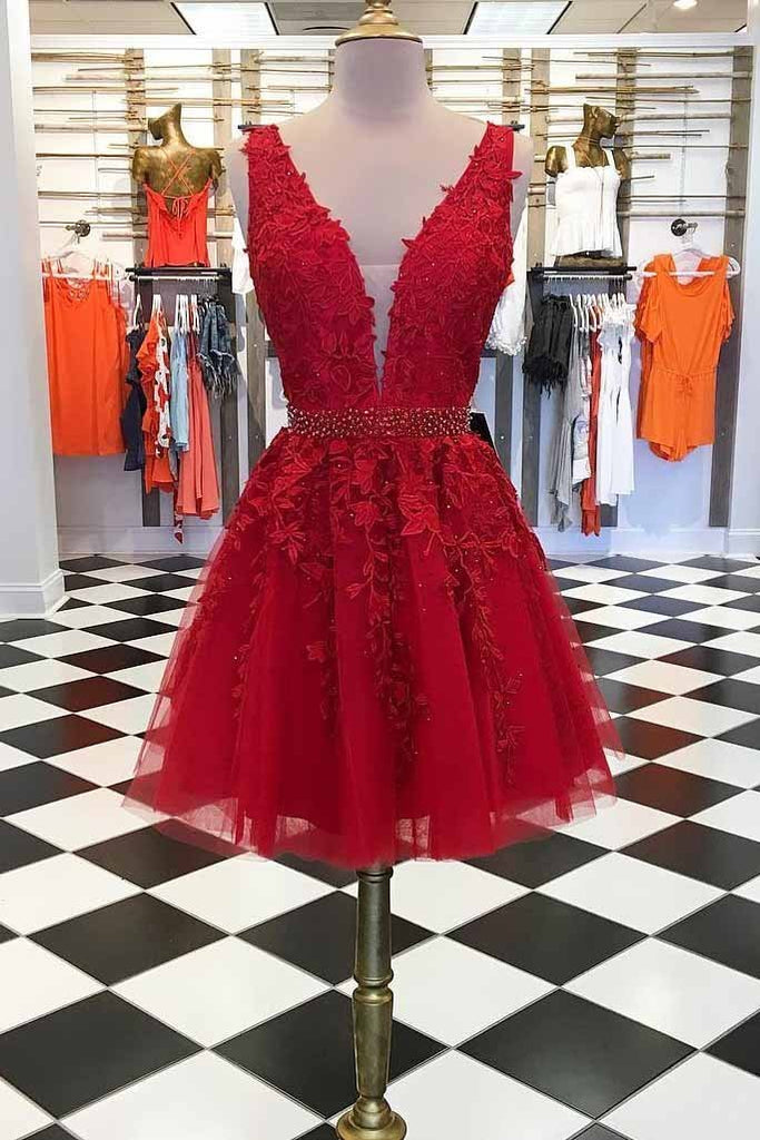red graduation homecoming dresses a-line v-neck lace short prom dresses dth177