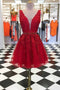 A-line V-neck Lace Short Prom Dresses, Red Graduation Homecoming Dresses