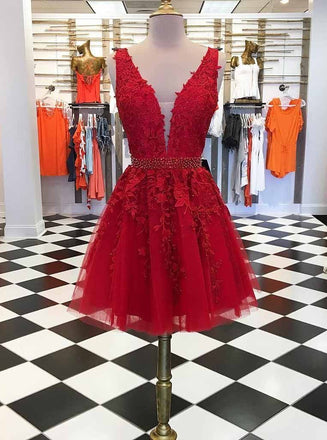 A-line V-neck Lace Short Prom Dresses, Red Graduation Homecoming Dresses