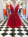 A-line V-neck Lace Short Prom Dresses, Red Graduation Homecoming Dresses