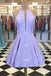 Lilac Printed Satin Short Prom Homecoming Dress with Pockets