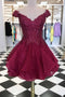 Cap Sleeves V-neck Beads Short Prom Dress, Burgundy Homecoming Dress