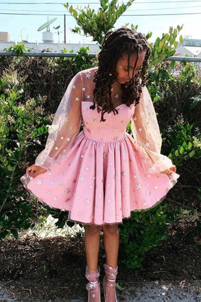 glitter star homecoming dress long sleeves starry night pink sweet 16 dress dth171