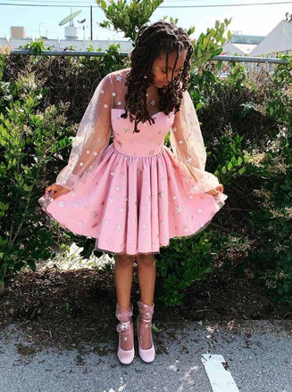 Long Sleeves Starry Night Pink Sweet 16 Dress, Glitter Star Homecoming Dress