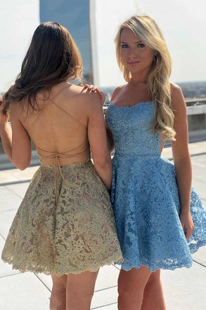 Spaghetti-straps Lace Party Dresses Backless Homecoming Dresses