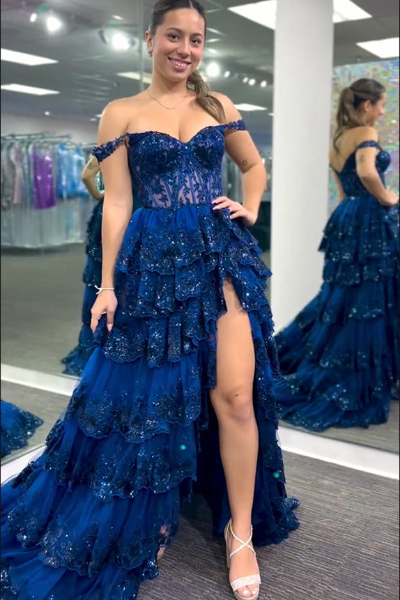 Sparkly Light Blue Corset Tiered Lace Long Prom Dress With Slit