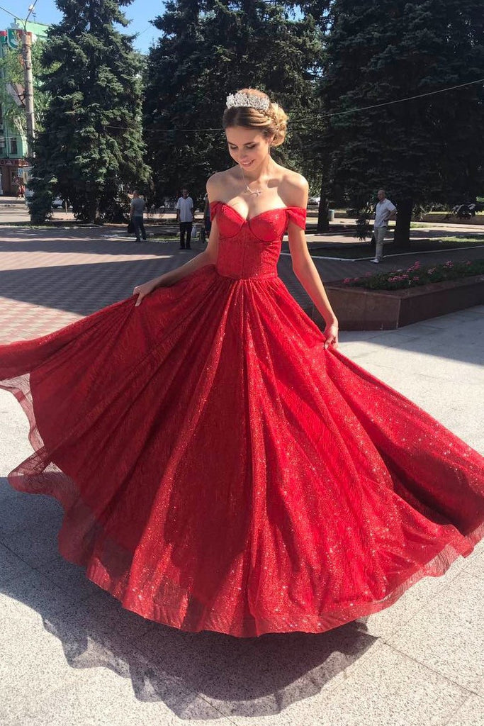 sleeveless sequins evening dresses sparkly off shoulder red long prom dress dtp779
