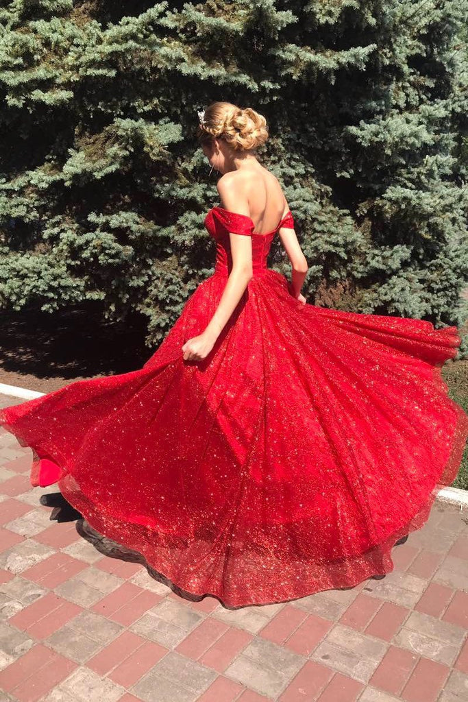 Sparkly Off Shoulder Red Long Prom Dress, Sleeveless Sequins Evening Dresses