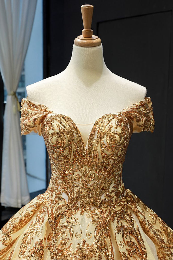 Princess Off-the-Shoulder Gold Sequins Prom Dress Ball Gown