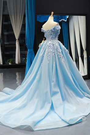 Off-the-Shoulder Light Blue Prom Dress 3D Appliques Quinceanera Gown