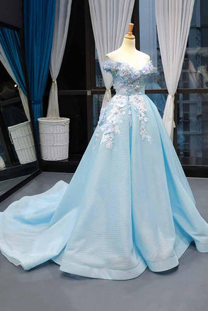 off-the-shoulder light blue prom dress 3d appliques quinceanera gown dtp735