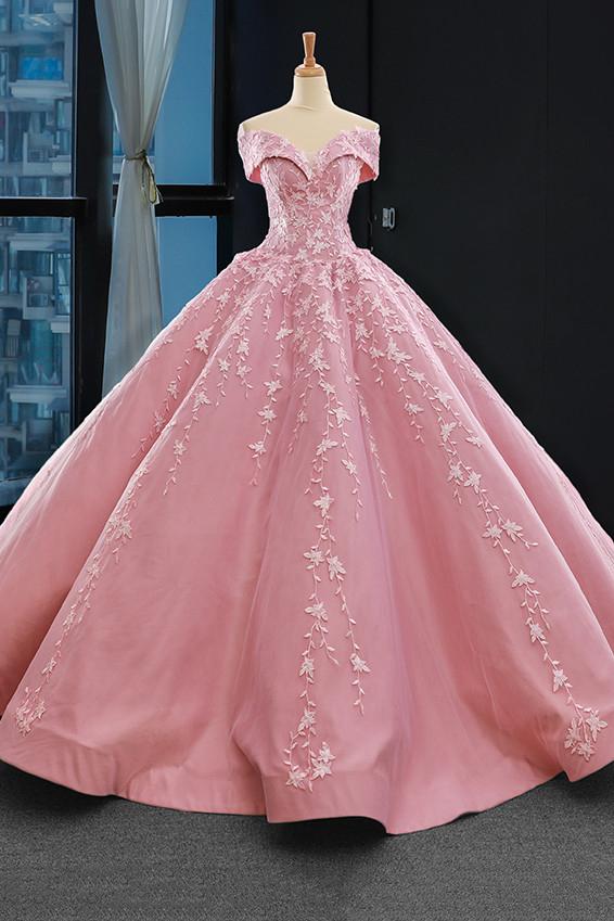 princess pink ball gown off-the-shoulder appliques prom dress dtp737