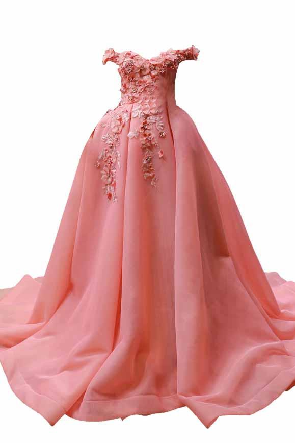 Off-the-Shoulder Prom Dress 3D Floral Appliques Quinceanera Gown