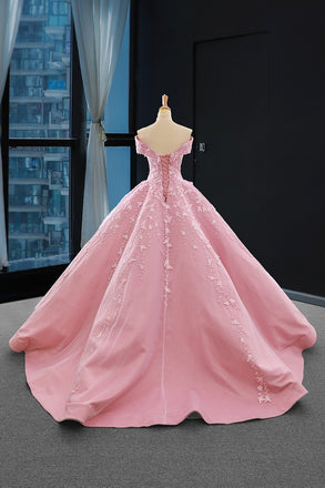Princess Pink Ball Gown Off-the-Shoulder Appliques Prom Dress