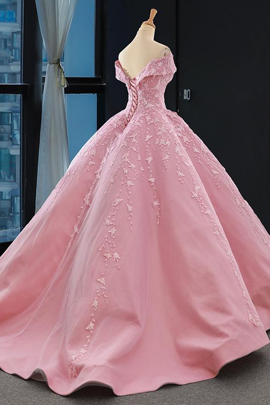 Princess Pink Ball Gown Off-the-Shoulder Appliques Prom Dress