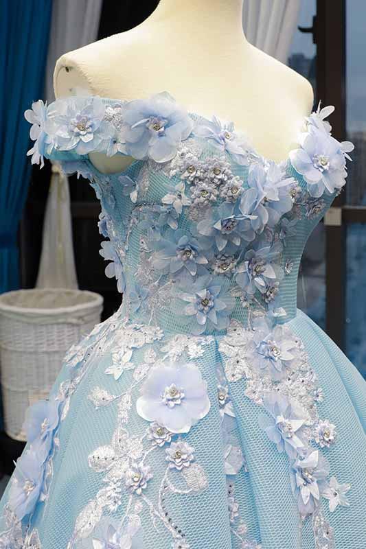 Off-the-Shoulder Light Blue Prom Dress 3D Appliques Quinceanera Gown
