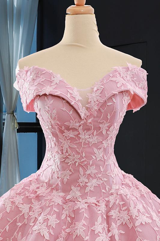 Princess Pink Ball Gown Off-the-Shoulder Appliques Prom Dress