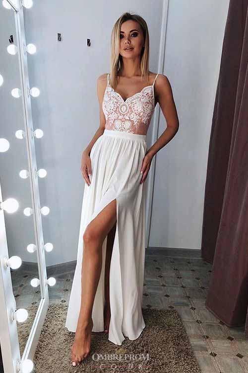 Sexy A-line Spaghetti White Long Prom Evening Dresses With Slit