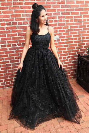 black sequins scoop neck tulle backless prom dresses dtp695