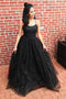 Black Sequins Scoop Neck Tulle Backless Prom Dresses