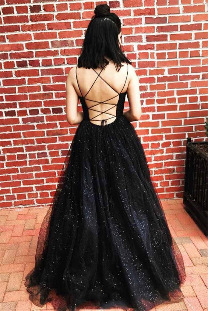 Black Sequins Scoop Neck Tulle Backless Prom Dresses