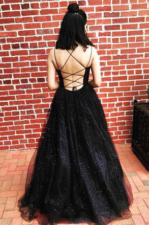 Black Sequins Scoop Neck Tulle Backless Prom Dresses
