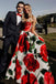 Elegant Strapless Formal Gown Rose Floral Print Long Prom Dresses