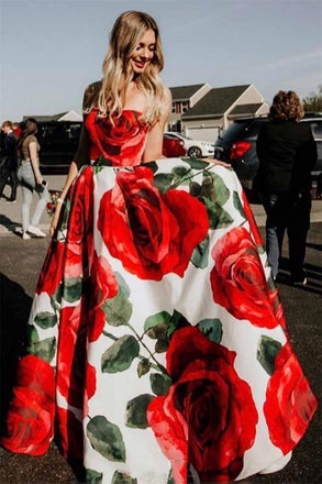 elegant strapless formal gown rose floral print long prom dresses dtp696