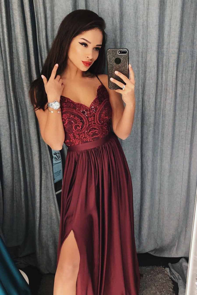long burgundy prom dresses spaghetti a-line appliques with slit dtp702