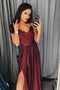 Long Burgundy Prom Dresses Spaghetti A Line Appliques with Slit