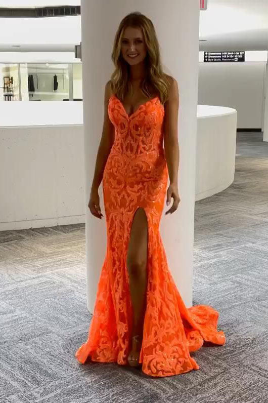 Sparkly Orange Mermaid V Neck Sequin Prom Dresses Long Straps Formal Gown