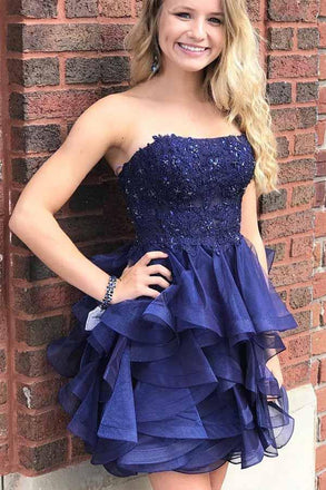 navy blue homecoming dress a-line strapless short prom dress dth13